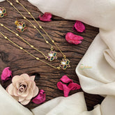 Vriksham Premium AD Stone Pendant Chain Neckpiece-Red White & Green Lotus -G18506